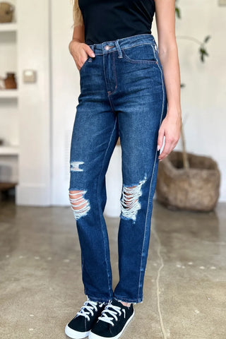 Front view of Judy Blue 88819 dark-wash jeans showing the high waist, front pockets and ripped knees.