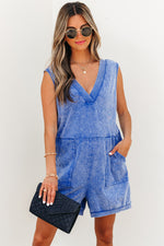 Sky Blue Mineral Wash Pocketed Sleeveless V Neck Loose Romper
