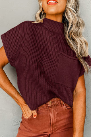 Dark Blue Patch Pocket Ribbed Knit Short Sleeve Sweater