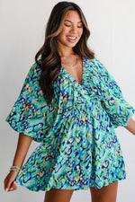 Pink Abstract Print Puff Sleeve V Neck High Waist Romper