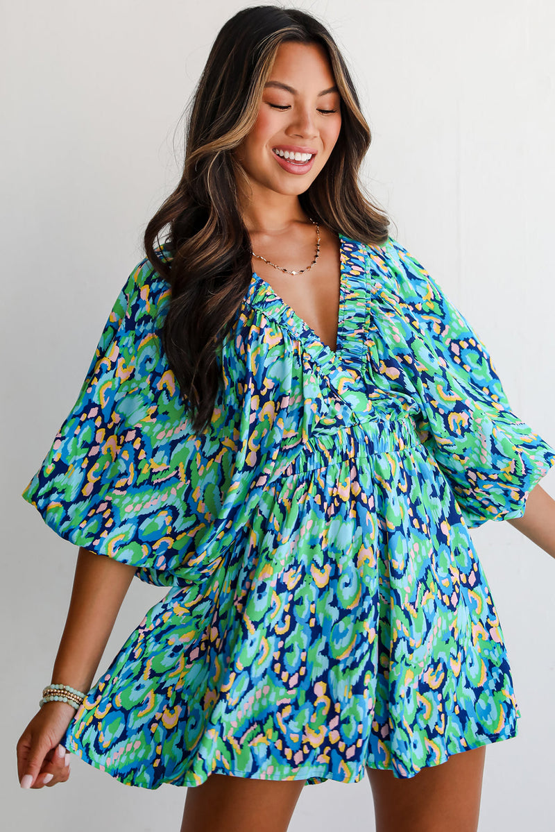 Pink Abstract Print Puff Sleeve V Neck High Waist Romper