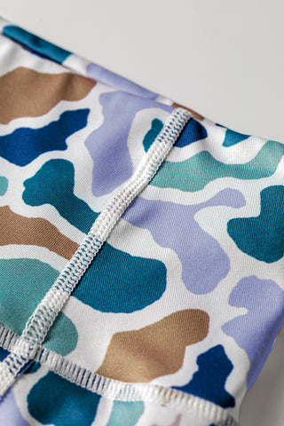 Blue Abstract Camo Printed Seam Detail Biker Shorts
