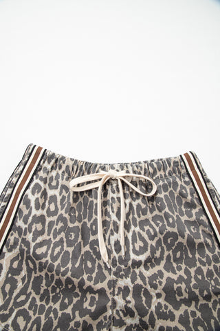 Multicolour Leopard Pattern Striped Detail Drawstring Denim Shorts