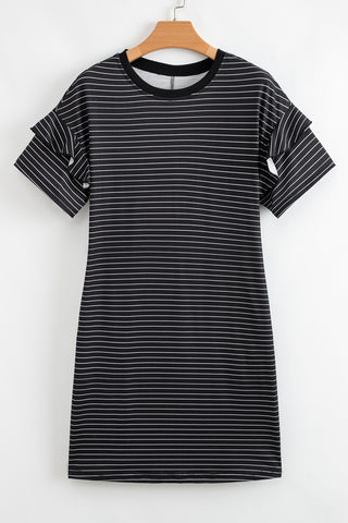 Black Stripe Ruffled Short Sleeve Crew Neck T Shirt Shift Mini Dress