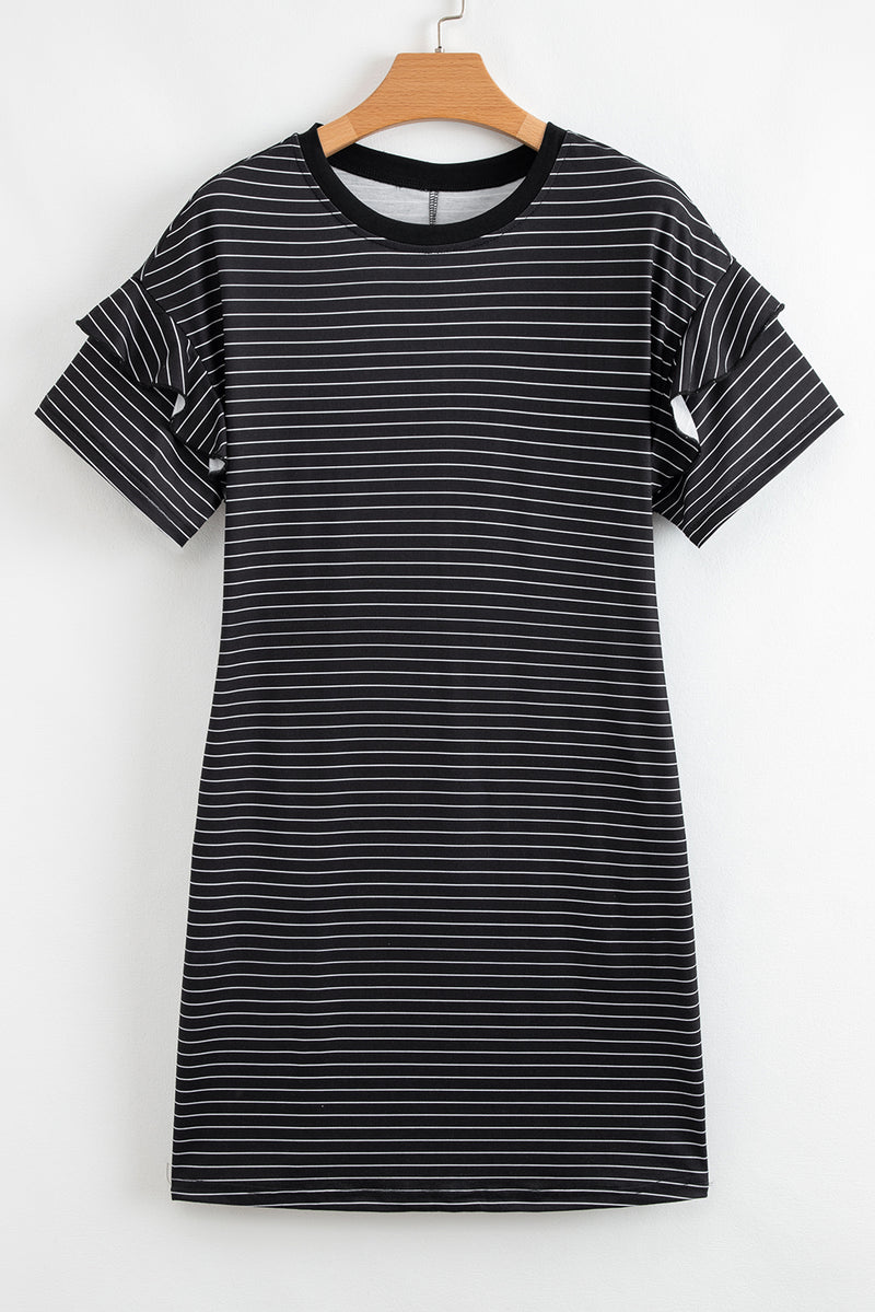Black Stripe Ruffled Short Sleeve Crew Neck T Shirt Shift Mini Dress