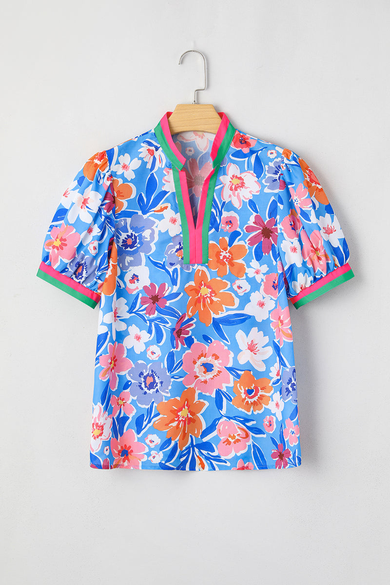 Sky Blue Floral Colorblock Edge Puff Sleeve Split Neck Blouse