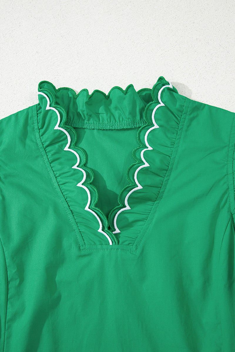 Scallop Trim Layered Short Sleeve V Neck Blouse
