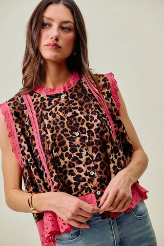Front detail of the SO ME leopard blouse showing buttons, vertical pink trim and a lace hem.