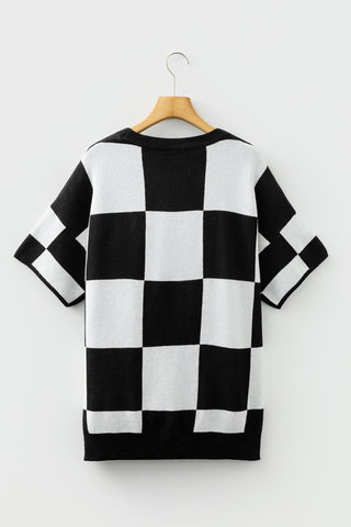 Light French Beige Checkered Pattern Loose Drop Shoulder Half Sleeve Sweater