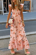 Pink Floral V Neck Smocked High Waist Ruffle Hem Long Dress
