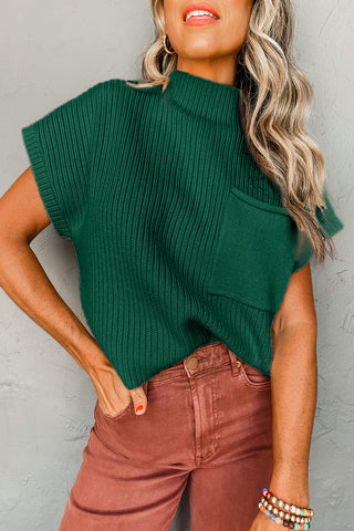 Dark Blue Patch Pocket Ribbed Knit Short Sleeve Sweater