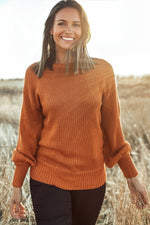 Gold Flame Solid Color Ribbed Trim Drop Shoulder Sweater