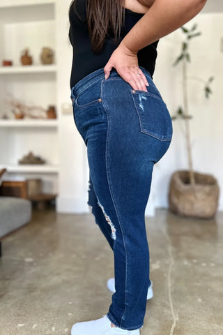 Side view of Judy Blue 88819 heavy-destroy jeans showing the high waist and back pocket.