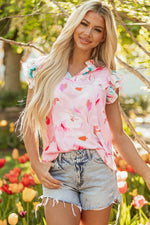 Multicolour Contrast Floral Patchwork Notched Neck Flutter Sleeve Blouse
