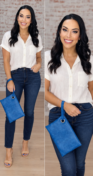 Indigo Blue Vegan Leather Handle Clutch Bag