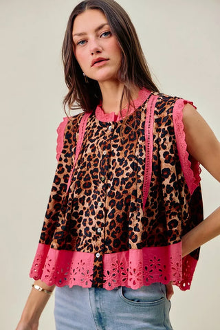 SO ME leopard-print sleeveless blouse with pink lace trim and a scalloped pink hem, front view.