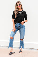 Black Pearl Bow Necklace Embellished Short Sleeve Knitted T Shirt