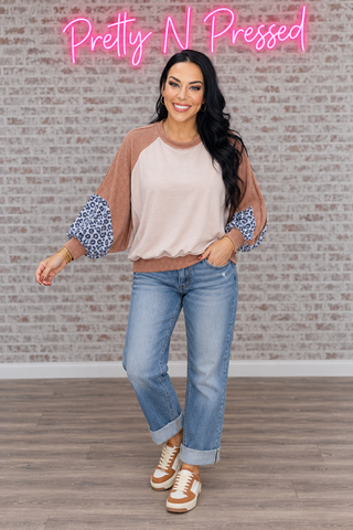 Lock Eyes Taupe & Animal Print Dolman Colorblock Terry Top