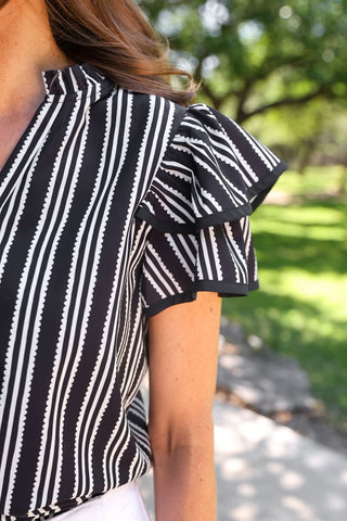 Layla Striped Flutter Sleeve Blouse- Black