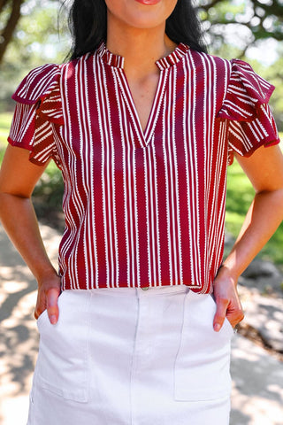 Layla Striped Flutter Sleeve Blouse- Maroon