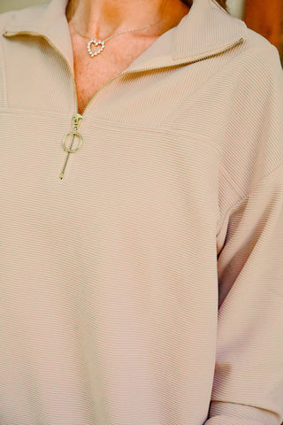 Levi Ribbed Quarter Zip Pullover- Taupe