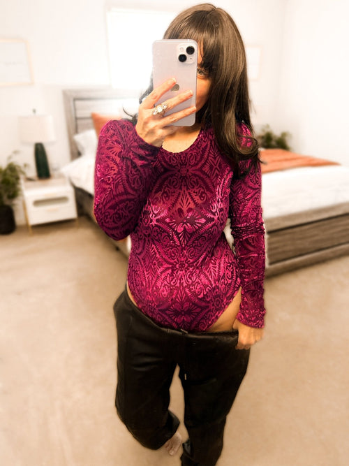 Micha Mesh & Velvet Crewneck Bodysuit - Girl Code Couture