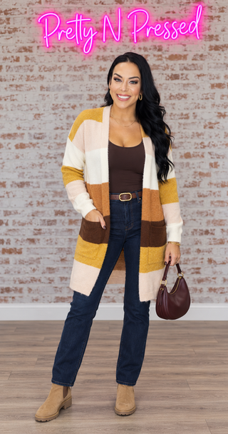 Natalie wearing the warm mustard, cream, tan and chocolate color-block long cardigan with fitted autumn layers at Pretty N Pressed.