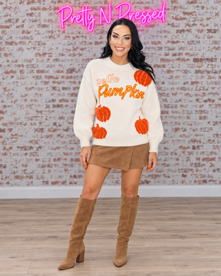 Natalie modeling Hello Gourd Geous Pullover at Pretty N Pressed Boutique