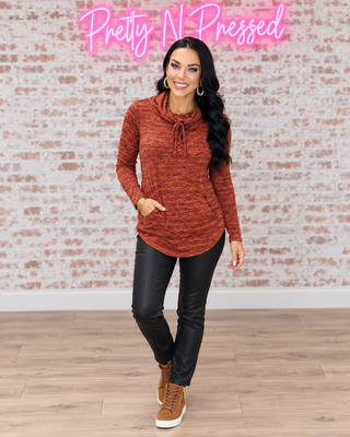 Natalie wearing the Rust Marled Cowl Neck Pocketed Top