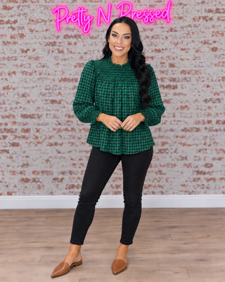 Natalie modeling Wildwood Check Green Smock, front-facing product detail view.