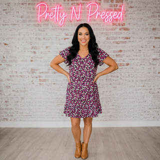 Black Multicolor Floral Babydoll Flutter Sleeve Midi Dress