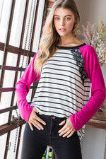 SOLID AND STRIPE TOP WITH LACE