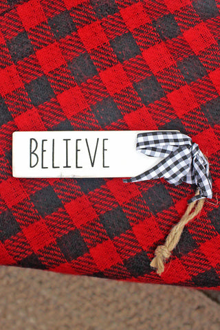 5.5 X 1.5 'BELIEVE' WHITE WOOD ORNAMENT