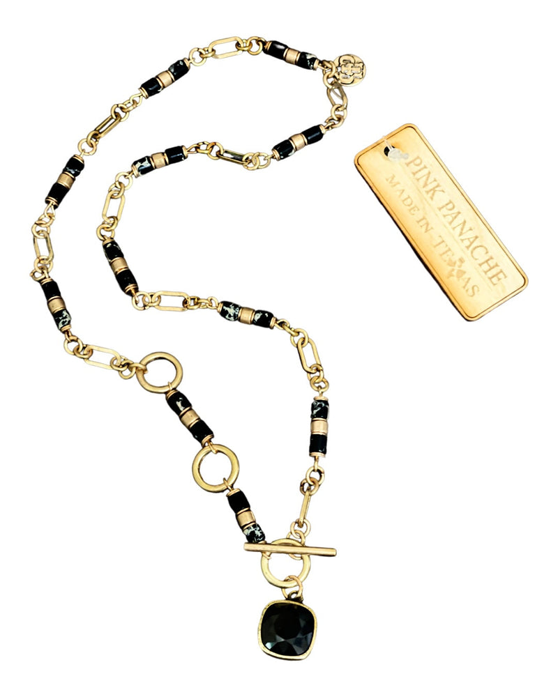 1CNC B200 * Black bead and gold chain toggle front necklace with 12mm bronze/black drop