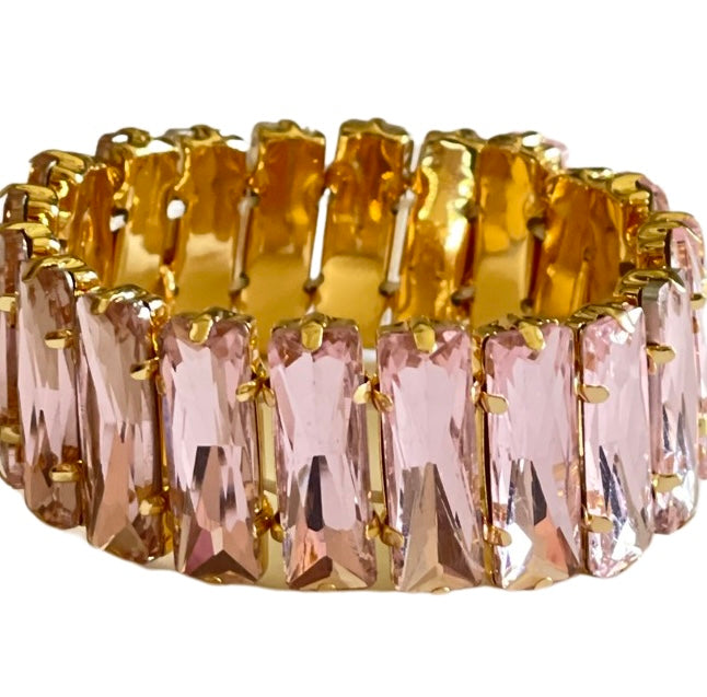 Light pink faceted rectangle rhinestone stretch bracelet 1CNC D120