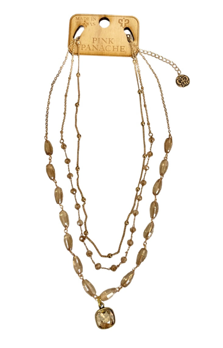 1CNC H233 * 3-strand champagne bead and gold chain necklace with 10mm bronze/golden shadow drop