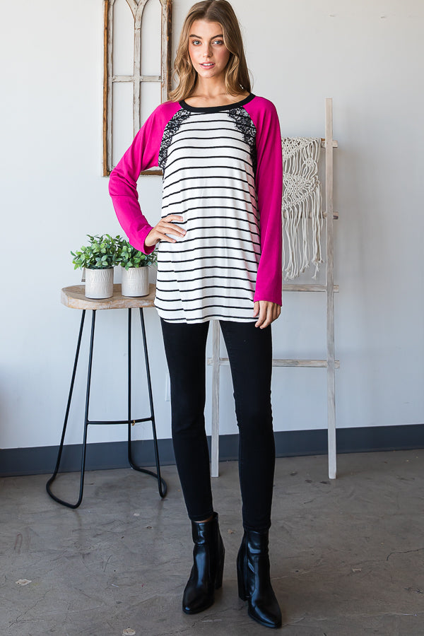SOLID AND STRIPE TOP WITH LACE