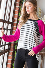 SOLID AND STRIPE TOP WITH LACE