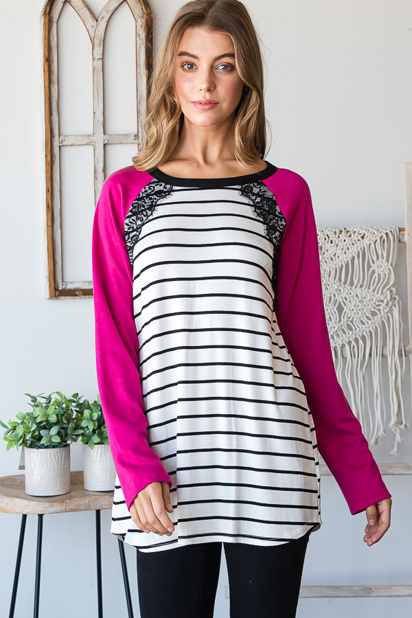 SOLID AND STRIPE TOP WITH LACE