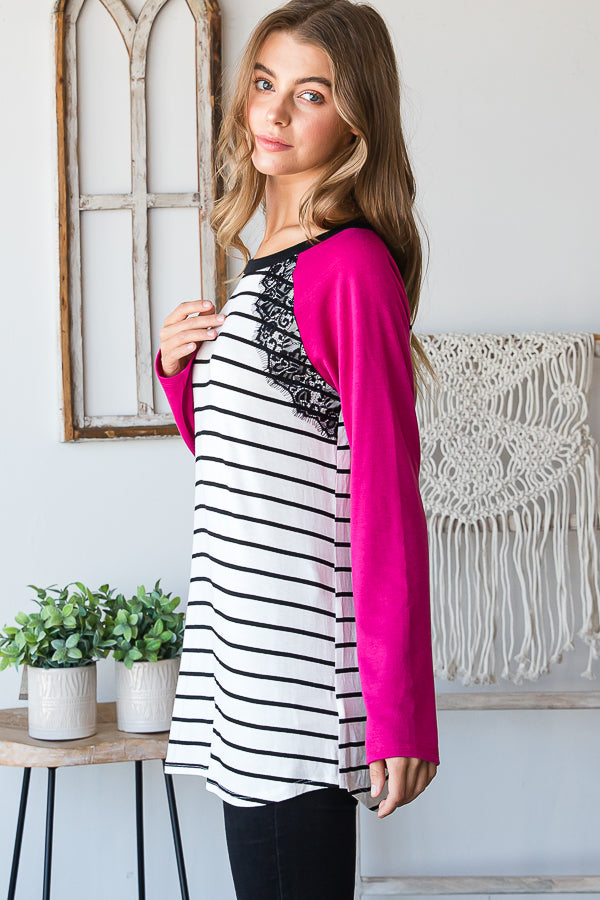 SOLID AND STRIPE TOP WITH LACE