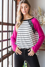 SOLID AND STRIPE TOP WITH LACE
