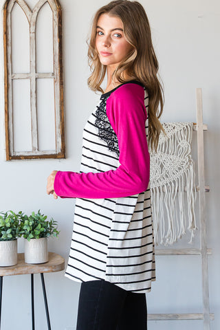 SOLID AND STRIPE TOP WITH LACE